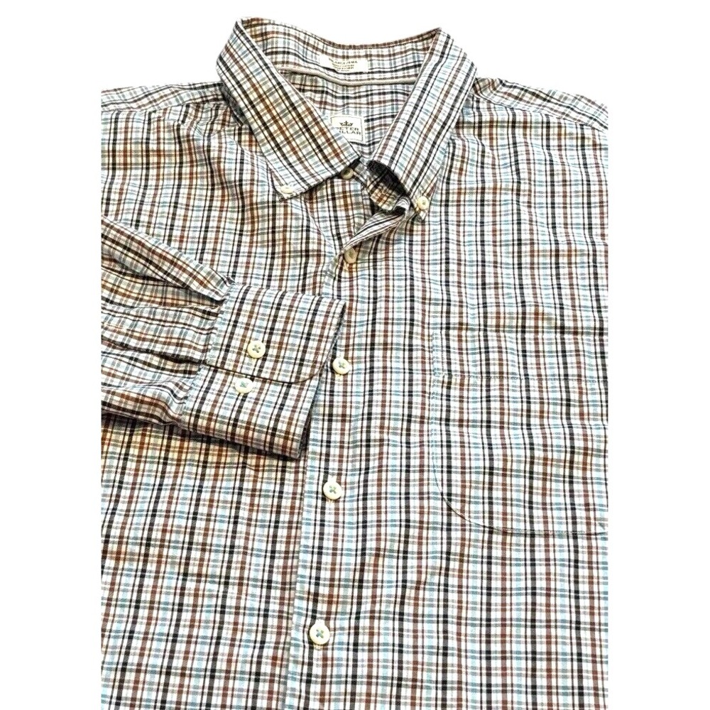 Peter Millar Mens XXLarge/ Tall Button Down Shirt Blue Brown Plaid Long Sleeve - Picture 4 of 7
